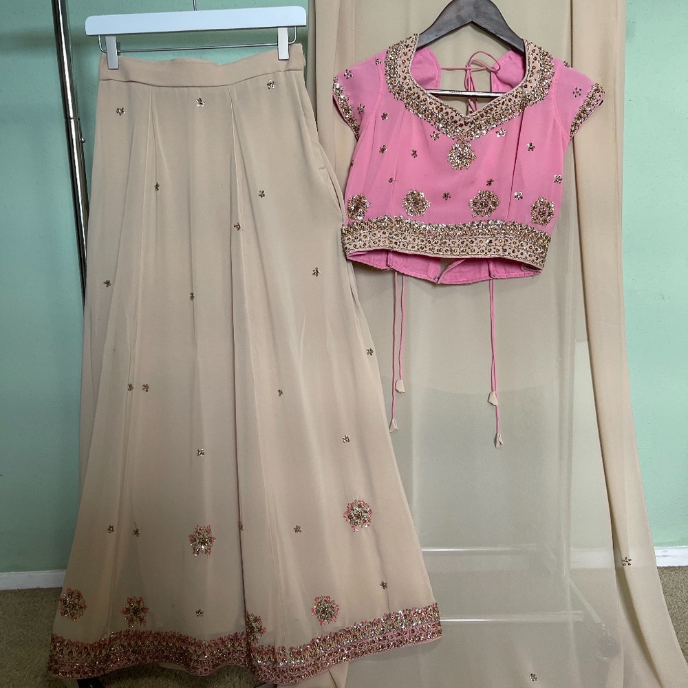 Baby Pink and Sand Lengha Choli